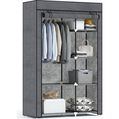 Cabinet foldable in fabric, wardrobe portable with 6 shelves and 1 rod for bedroom, 103 x 43 x 162,5 cm, gray fonce (1/5)