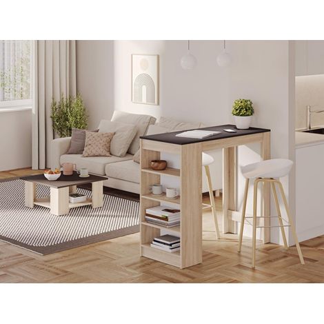 Table de bar avec rangements piètement chêne plateau noir (1/5)