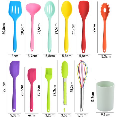 Küchenhelfer Set, 12 teilig Silikon Kochutensilien Kochgeschirr, Hitzebeständiger Kochbesteck Set mit Utensilienhalter, Gesund & Antihaft, Spülmaschinengeeignet