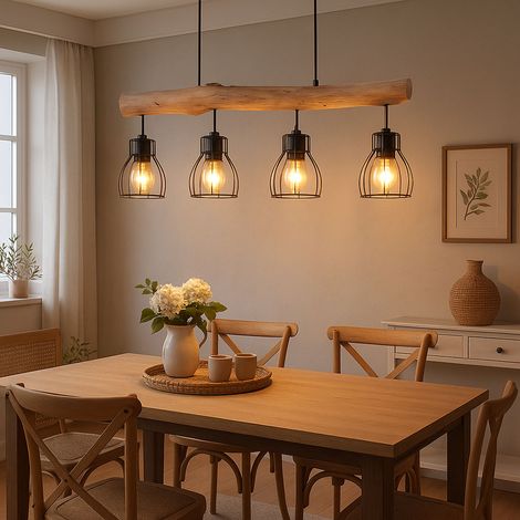 LED Hängelampe Holzbalken Pendelleuchte 4 flammig Esstischlampe Käfig Design, Metall schwarz, 4x 7W 4x 806lm warmweiß, LxH 82,5 x 140 cm