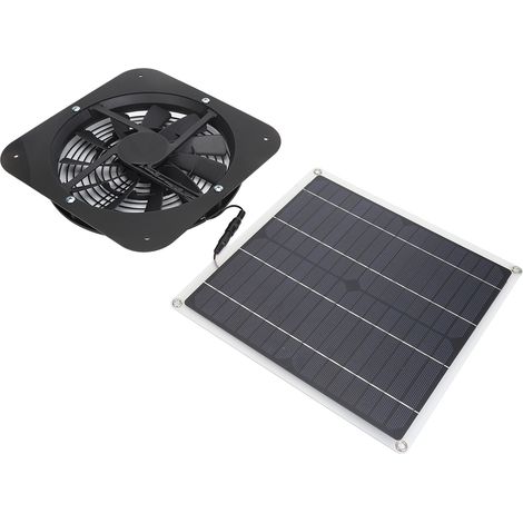 Kit ventilateur solaire 100W avec panneau photovoltaïque et ventilateur rond 25cm pour serre, abri, poulailler - Noir (1/5)