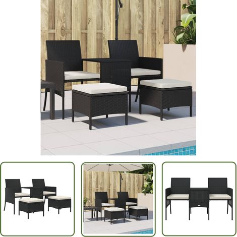 The Living Store Canapé de jardin 2 places avec table et tabourets noir rotin - Canapé De Jardin - Salon De Jardin - Mobilier De Jardin - Meubles D'extérieur - Chaise Longue (1/5)
