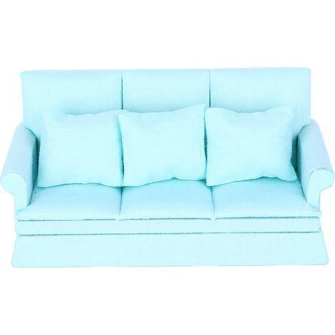 Mini Canapé 1:12 pour Maison de Poupée avec 3 Coussins, Meuble Salon Miniature en Bois, Accessoire Déco Maison de Poupée Bleu (1/5)