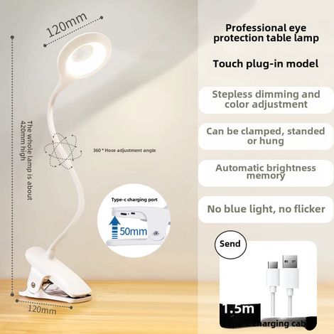Lámpara de escritorio USB-C con clip, luz nocturna para estudiar que protege la vista, intensidad ajustable (cable TPC de 1,5 m).