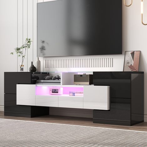 Mueble TV 180x36x43 cm negro y madera, 2 puertas y estantes abiertos (1/5)