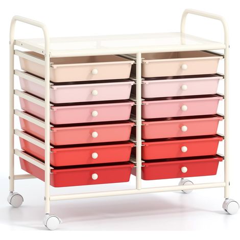 Chariot de Rangement à roulettes 12 Tiroirs en PP, Tour de Rangement avec Tablette, Roues Universelles, Cadre en Métal (Rose Dégradé) (1/5)