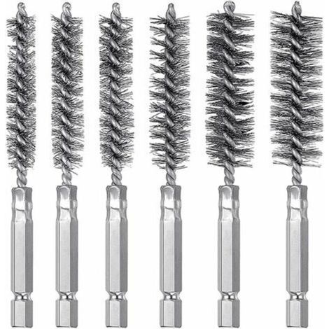 Ensemble de 6 brosses à trou en métal à tige hexagonale en acier inoxydable, brosse à pistolet à tige hexagonale pour broyer et broyer les épines, brosse à tuyau, brosse en acier inoxydable (1/5)