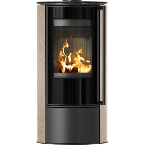 Kaminofen aus Stahl KRATKI ERIK Ø 150 5,5 kW dekorative Keramiken GOLD SATIN schwarz Verkleidung mit Türfeder (1/5)