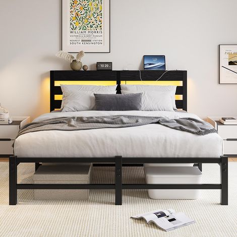 Lit adulte, avec éclairage LED et station de recharge USB, structure métallique, matelas non inclus, noir - 140 x 190 cm (1/5)
