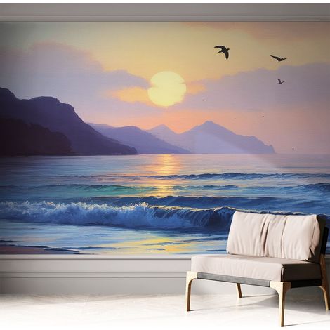 Papier peint autocollant avec imprimé pour décoration intérieure pour rénovation a motif Coucher de soleil sur la mer 312x219 cm (1/5)