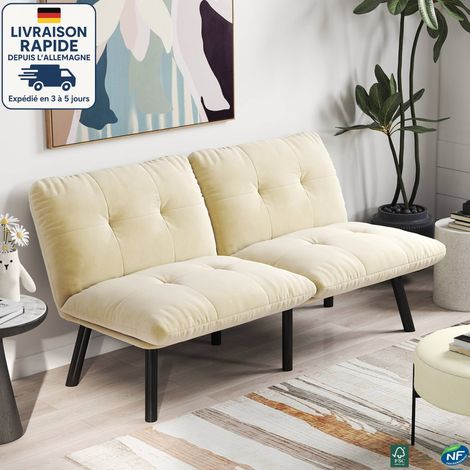 MODFU - Sofá cama de 2 plazas con respaldo regulable, sofá de salón tapizado, función sueño, terciopelo, beige (1/5)