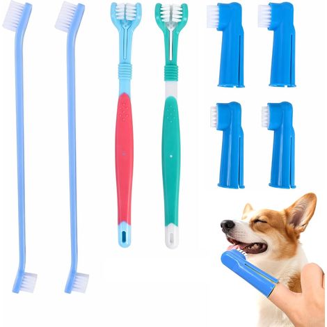 Lot de 8 Brosses à Dents pour Chien et Chat, 2 Triple Tête, 2 Double Tête, 4 Doigtiers en Silicone et Nylon, Kit de Nettoyage Dentaire Souple pour Pet, pour Petits, Moyens et Grands Animaux (1/5)