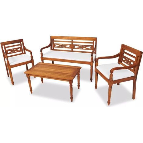 Salon de jardin Batavia teck massif foncé avec coussins blanc Aqual (1/5)
