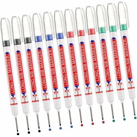 Marqueur Indélébile Pointe Longue 20 mm Pour Chantier Charpentier 12 Pièces Noir Bleu Rouge Vert (1/4)
