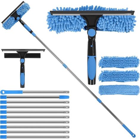 Raclette à Vitre Manche Télescopique Kit de Nettoyage Vitre Raclette Silicone Brosse Microfibres Voiture Fenêtre Hautes(Bleu) (1/3)