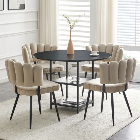 Set tavolo rotondo 107 cm con 2 ripiani e 4 sedie imbottite marrone chiaro stile industriale (1/5)