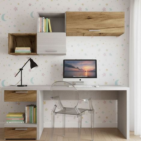 Angolo studio moderno con cassettiera sfalsata per cameretta - Rovere Rock e Quercia