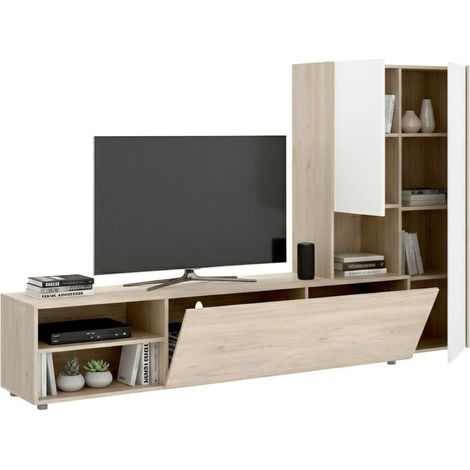 Dmora - Parete attrezzata Abrino, Composizione soggiorno, Mobile salotto multiuso, Armadio porta TV, 227x40 h141 cm, Bianco e Rovere