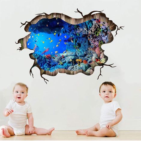 Lntyq 3D-Wandaufkleber „Unterwasserwelt“, für Zuhause, Bodenaufkleber, Dekor, lebendige Fische, Meeresschildkröte, kaputte Tiere, Kunst, Wandaufkleber unter dem Meer, Badezimmer, Schlafzimmer, Bodende (1/5)