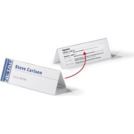 Durable 803519 Segnaposto da Tavolo, Leggibile da Entrambi i Lati, 105/210 x 297 mm, Confezione da 10 Pezzi, Trasparente (1/2)