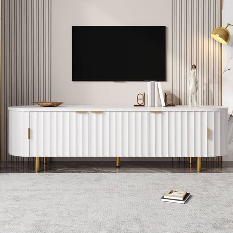 Meuble TV 170 cm, meuble bas de salon à 5 portes cannelées avec passe-câbles et pieds en métal, en MDF, blanc (1/5)