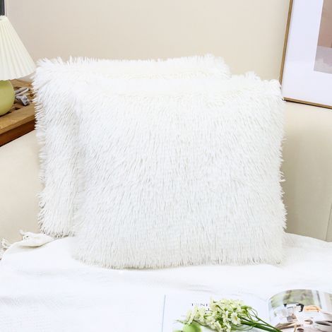 Lot de 2 Housse de Coussin Fourrure Moelleux Doux en Peluche Coussins Carré Décoratif pour Salon Canapé Chambre Voiture 45x45 Blanc (1/3)