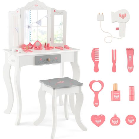 Coiffeuse enfant blanche avec miroir triptyque amovible, accessoires et pieds stables pour chambre et salle de jeu (1/5)
