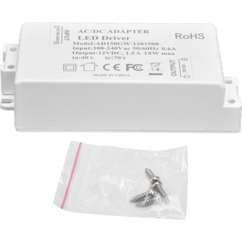 Alimentation LED 18W 100‑240V AC / 12V DC 1.5A pour lampe bureau, éclairage extérieur