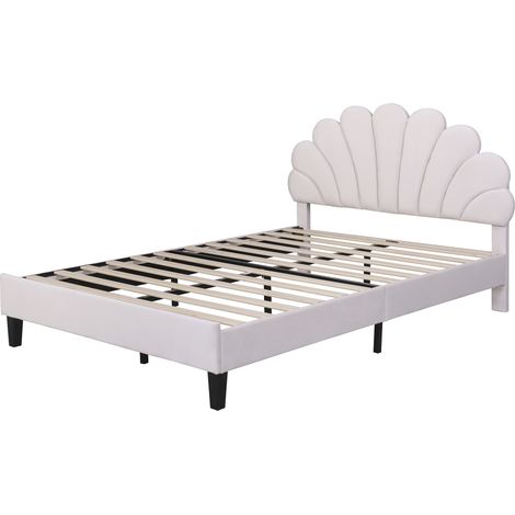 Letto per bambini 140 x 200 cm struttura letto con testiera a forma di fiore e rete a doghe realizzato in morbido velluto beige(Nessun materasso) (1/5)