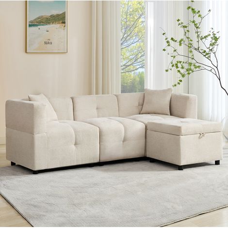CHICFURN Divano angolare 204 x 126 x 69 cm in ciniglia beige con contenitore e 2 cuscini (1/5)
