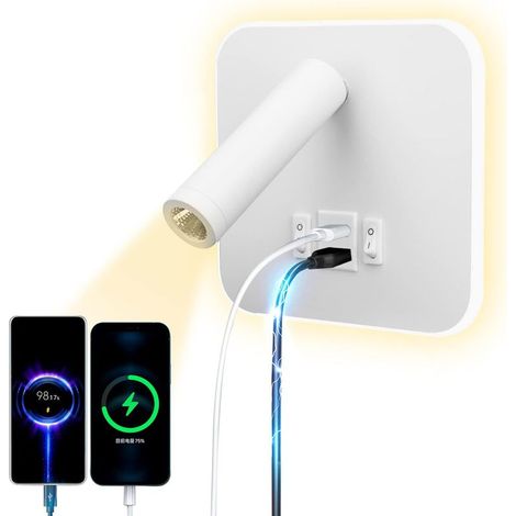 LED Reading Lamp Wall Lamp USB Type C Dual Adjustable Charging Mouth Switch 12W Spotlight LED 3000k Wall Lamp Aluminum Bed Swivel Light (Square White) [Energy Class F] (1/5)