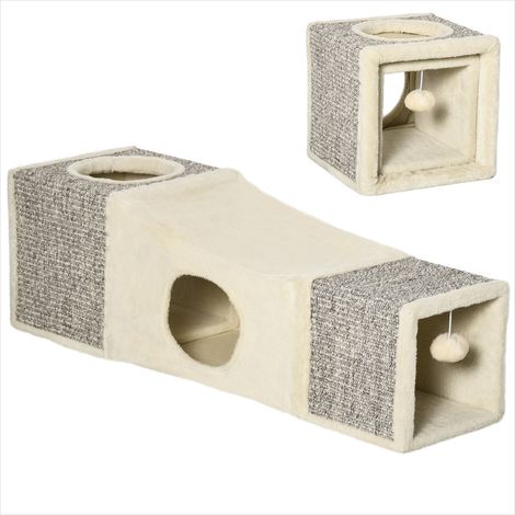 Maison pour chat en panneaux de particules avec tunnel et Crème (1/5)