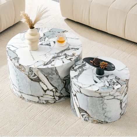 Set de mesas de centro redondas con almacenamiento, 2 piezas, MDF, blanco HAVRYA (1/5)
