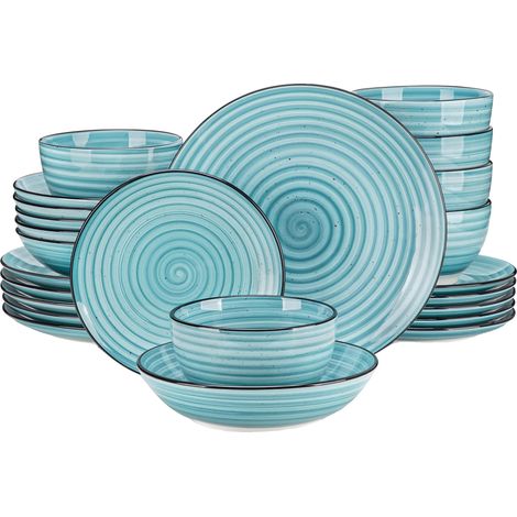 Service de vaisselle, design spiral à deux faces peint à la main, assiettes et bols, durable, bleu (1/2)