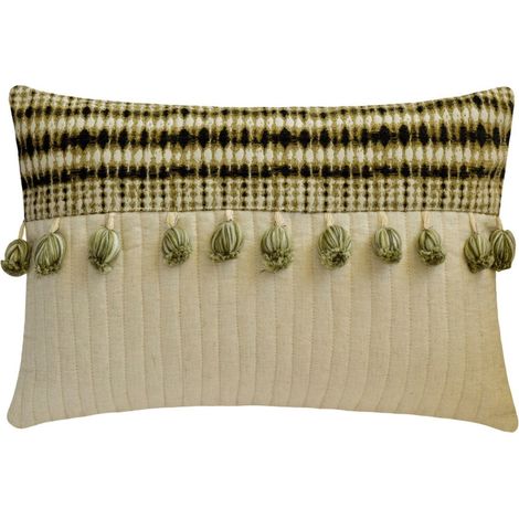 Beige-grüner Lendenkissenbezug (30 x 66 cm), Leinen-Patchwork, gesteppt mit Quasten, Streifenmuster – Keten Decor