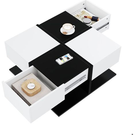Table basse 70x70, Design moderne noir et blanc table basse salon, Rangement intégré 2 tiroirs, Système coulissant silencieux (1/5)