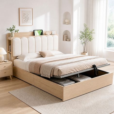 Letto matrimoniale 140x200 cm con contenitore idraulico, testiera con mensole e USB, legno naturale e velluto beige (1/5)