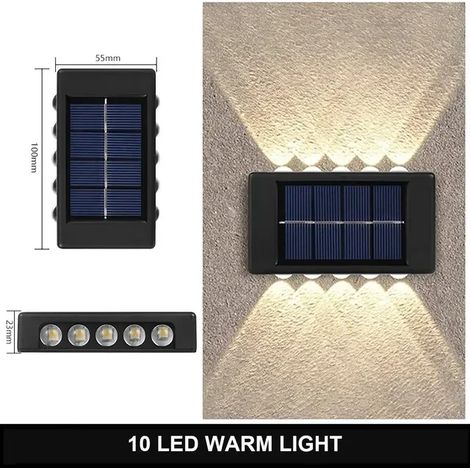 (10 LED blanc chaud) Applique murale solaire extérieure 12 LED étanche pour jardin, cour, balustrade, lampe d'ambiance décorative, lampe solaire à éclairage indirect (1/5)