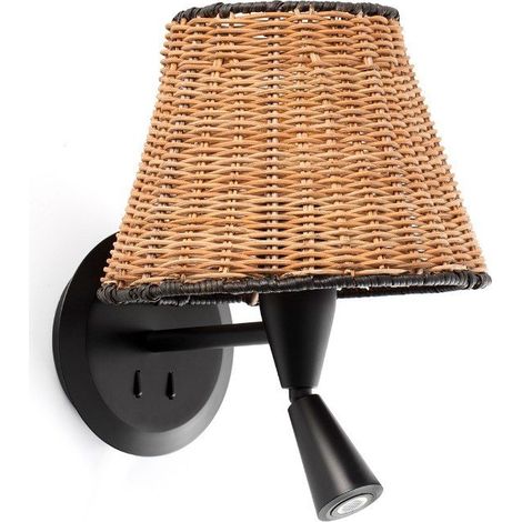 Faro SUMBA Schwarze Wandlampe mit Rattanschirm und Leselicht 3000K (1/4)
