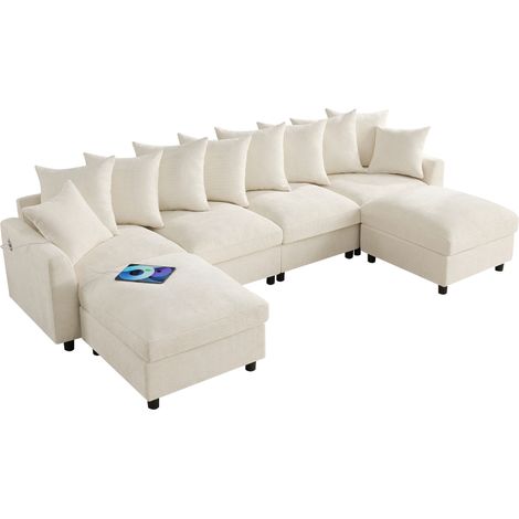 Canapé d’angle modulaire 6 places U/L avec ports USB et Type-C, tissu gaufré beige, 2 poufs, 10 coussins, pour salon moderne et convivial CHICFURN (1/5)