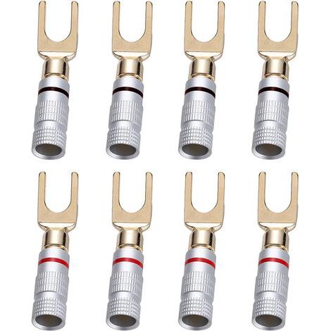 8 Pièces Y Plug U fourche fiche banane 45 degrés vis pelle connecteur pour haut parleur fil bricolage, résistant à la corrosion, 4 noir et 4 rouge