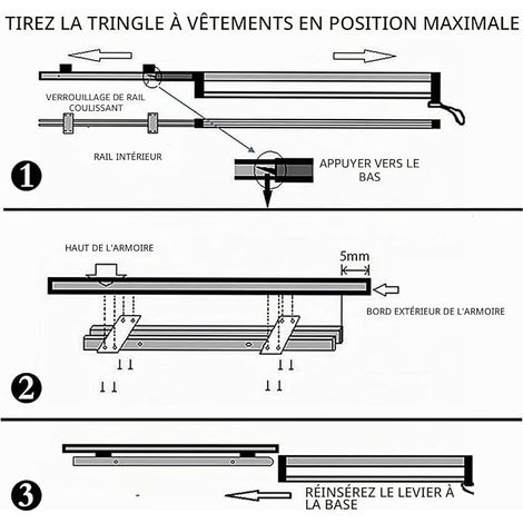 Porte Pantalon Coulissant télescopique en Acier Inoxydable, Porte Cintre Coulissant, Garde-Robe Rack de Rail,350 mm (1/3)