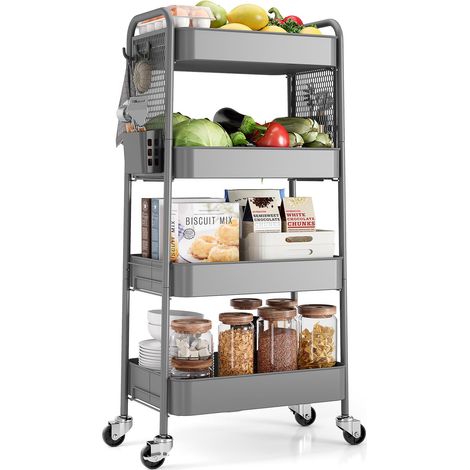 Chariot de rangement à 4 niveaux sur roulettes, gris Panneaux perforés à faire soi-même, bacs suspendus, crochets, salon, cuisine, salle de bain, bureau, salle de classe (1/5)