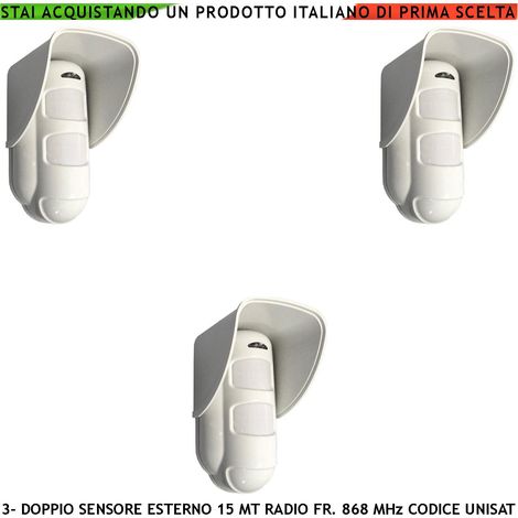 Sensore Movimento Doppia Tecnologia da Esterno IP54 Copertura 15 Metri Grandangolo o 25 Metri Tenda 3 Pezzi Via Radio Freq. 868 MHz Bidirezionale Codice UNISAT (1/5)