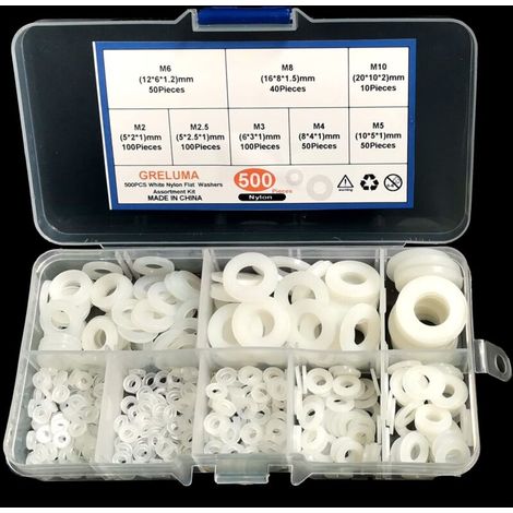 500 Pièces M2 M2.5 M3 M4 M5 M6 M8 M10 Rondelle En Plastique Nylon Rondelle Plate Vis Boulon Assortiment Kit, Blanc