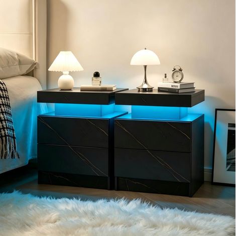 Table de chevet LED lot de 2 49x34,8x52,1 cm en bois noir, avec rangement pour chambre FloraGrace (1/5)