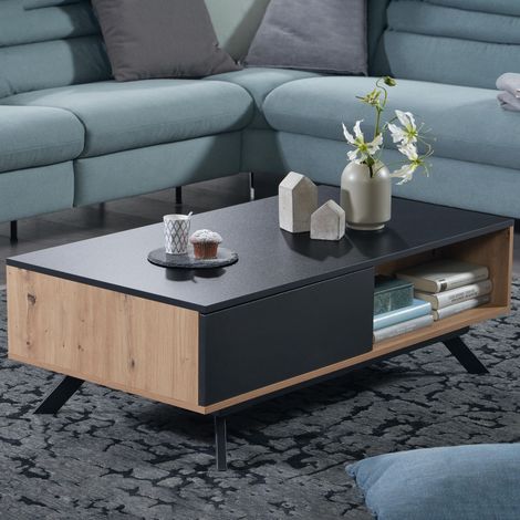 Table basse 2 tiroirs 110x60x38 cm décor chêne et noir - ATHIRA (1/5)