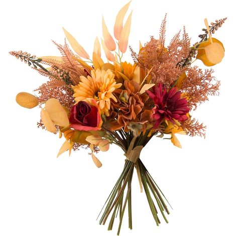 Bouquet Fleurs Artificielles - Automne Orange - Roses Marguerites Hortensias Feuillage Soie - Tige Plastique Acier - Hauteur 43 cm - Lot de 2 (1/4)