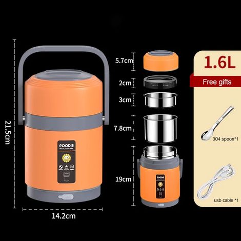 Boîte à lunch isotherme portable chauffante électrique USB (orange, 1,6 L), en acier inoxydable 304 avec couvercle hermétique. (1/4)