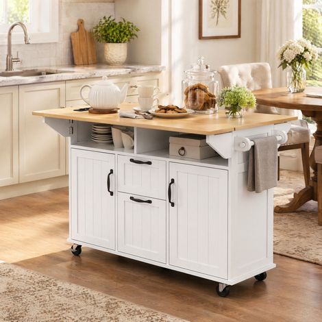 Isola da cucina mobile con prese, piano estensibile 120x40-60-80x92 cm, bianco, MDF FloraGrace (1/5)